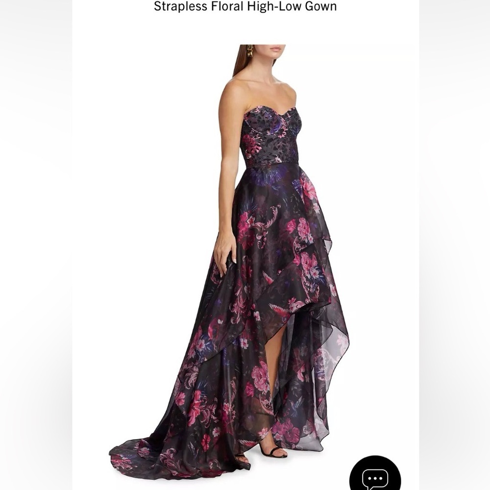 MARCHESA FLORAL STRAPLESS HIGH LOW GOWN